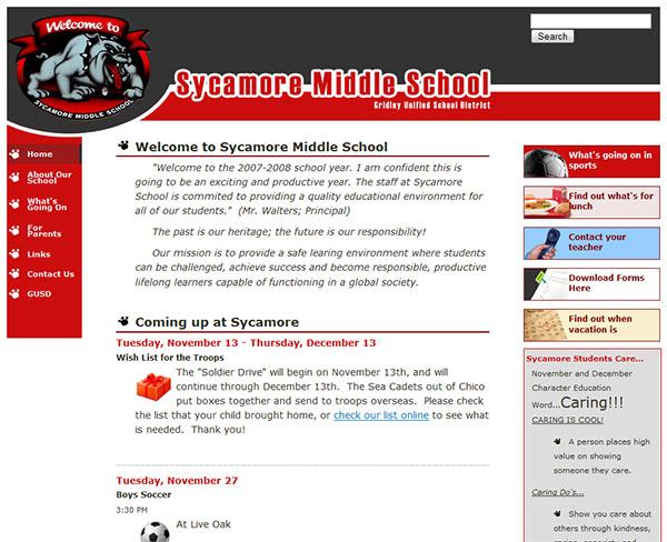 screenshot of Sycamore Middle School web site