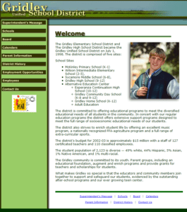 screenshot of Gridley Unified School District web site